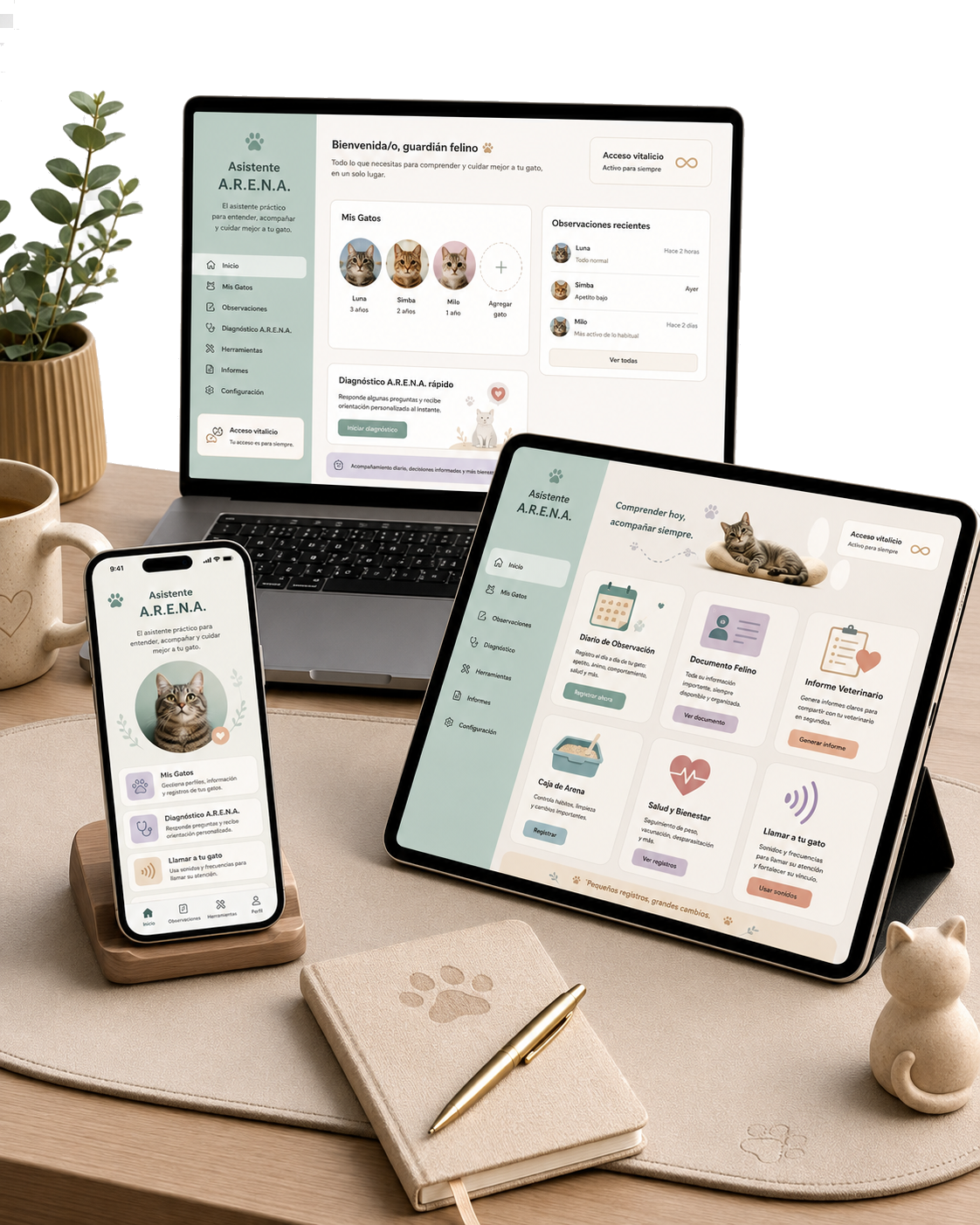 App Asistente A.R.E.N.A. mostrado en laptop, tablet y smartphone — el mismo ecosistema en todos tus dispositivos.